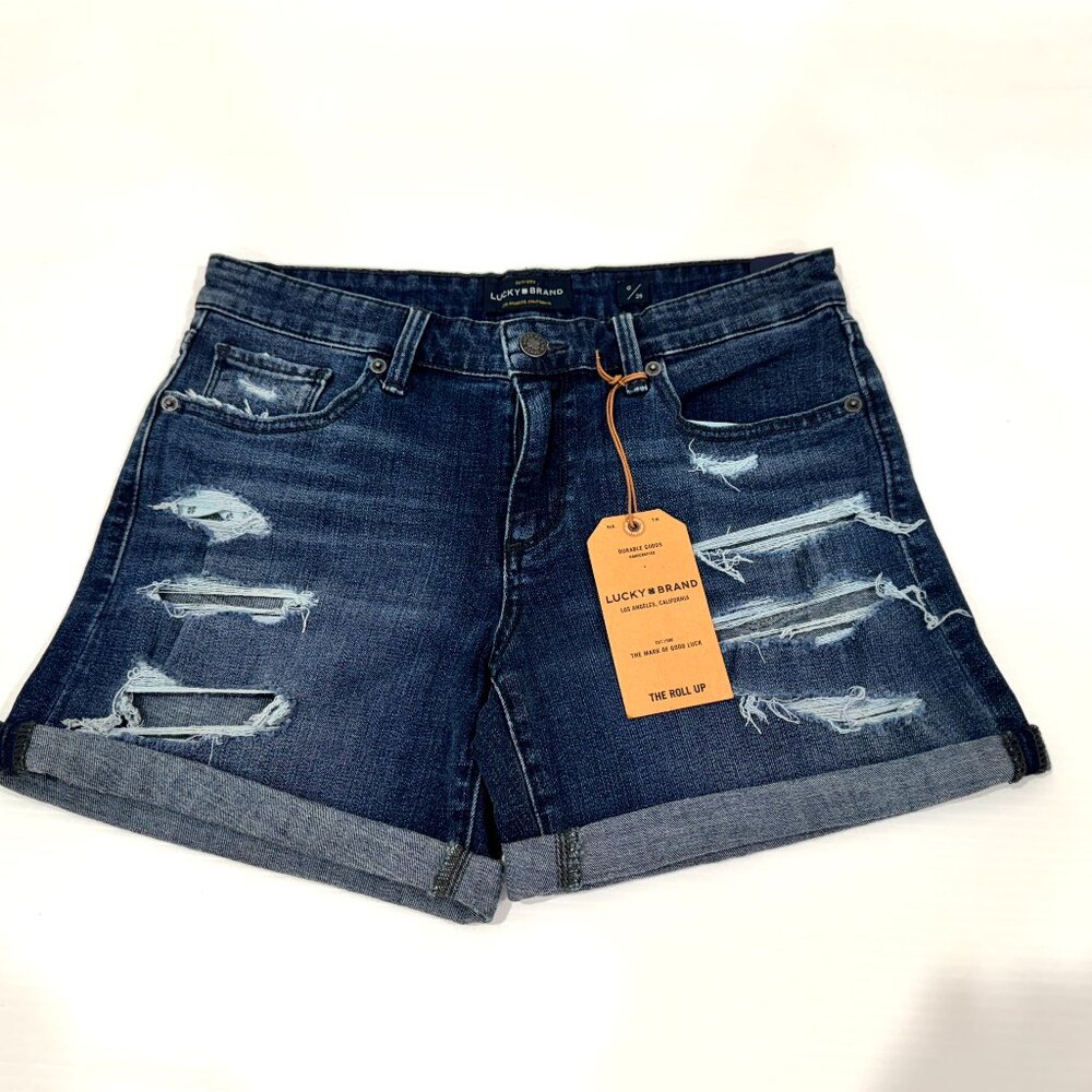 Lucky Brand "The Roll Up" Denim Jean Shorts Distressed Ripped sz 6